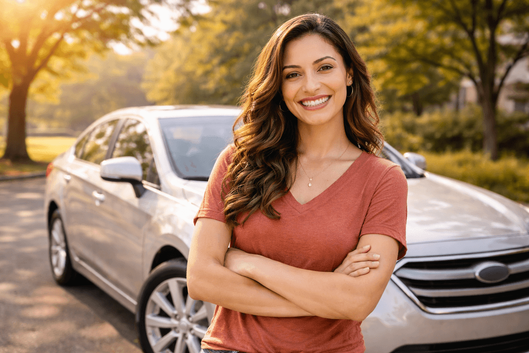 Woman standing next to her car